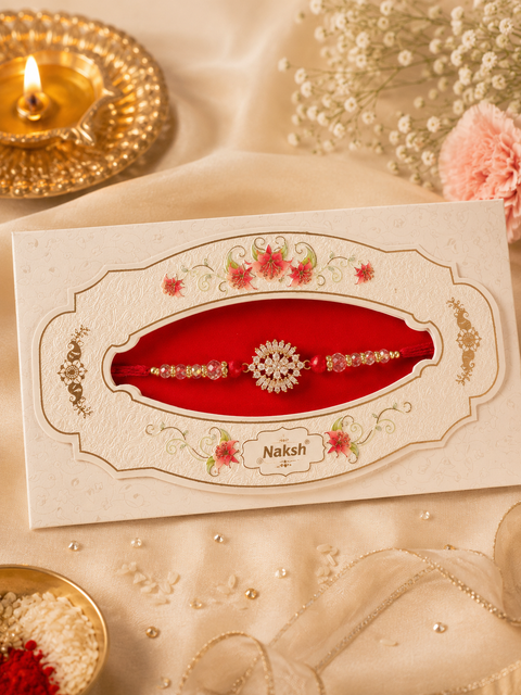 American Diamond Stylish stone designer Rakhi with pearl detailing, presented in a premium gift box