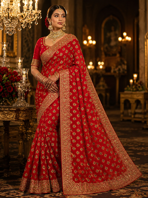 Beautiful Bridal Saree featuring intricate hand embroidery, rich gold zari work and sparkling stone embellishments. ✨Model blouse is for reference only. Blouse piece is attached with the saree. Slight variation in colour and design may occur.