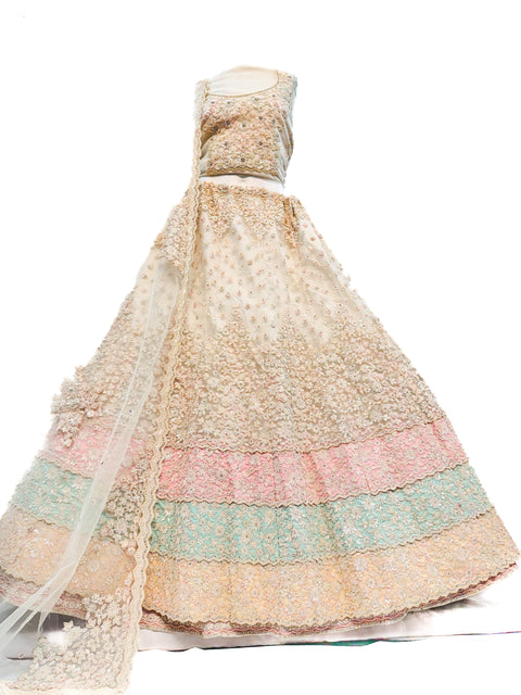 Netting based pearls with sequins work beautiful party wear lehnga with Ken Ken flared with designer blouse and dupatta