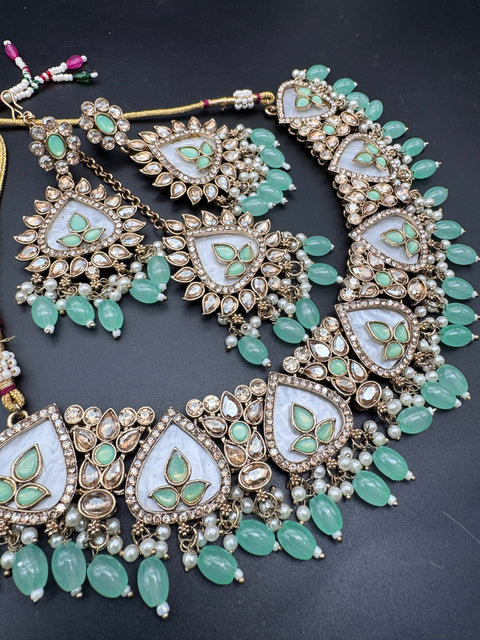 Original Polki stone with pearls beaded work beautiful necklace with earrings and tikka set