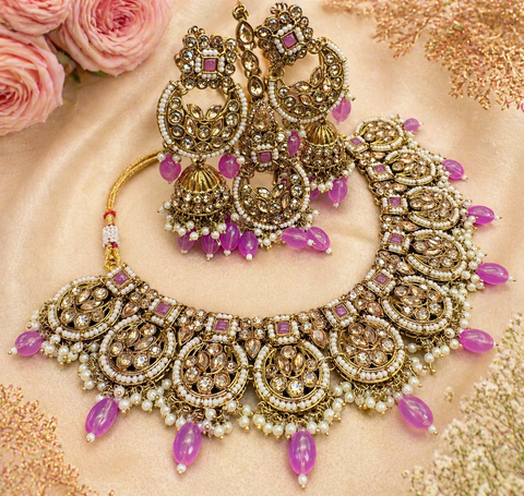 Original Polki stone with pearls beaded work beautiful necklace with jhumka and tikka set