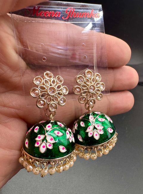 Polki Stone With Pearls Work Beautiful Meenakari Jhumka