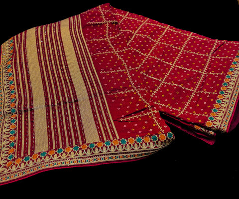 Bandhani print Beautiful Saree with embroidery and stone work border and beautiful design on Pallu