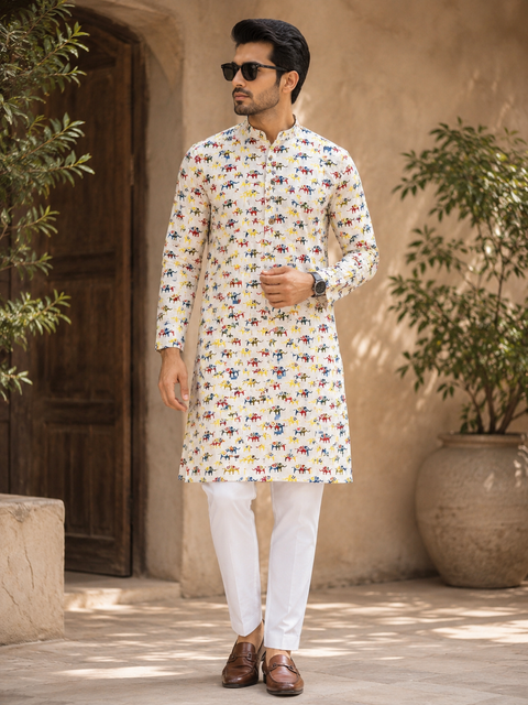 Pure cotton based Men’s Printed kurti (sizes mentioned in inches ,not according to the label on Kurti)size 46 kurti- Length 40 inches and size 48 -length 42 inches ) Kurti only. Pants not included.