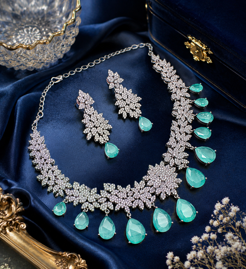 American Diamond stones very fine work classy necklace with beautiful earrings(slight variation in color & design is possible)