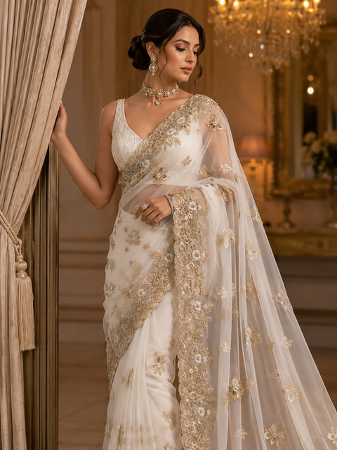 White Heavy work designer Saree with netting base fabric and stones work design all over with heavy embroidery.The Blouse Worn By The Model Is For Reference Purposes Only. The Actual Blouse Piece Comes Attached With Saree(Slight Variations Are Possible)