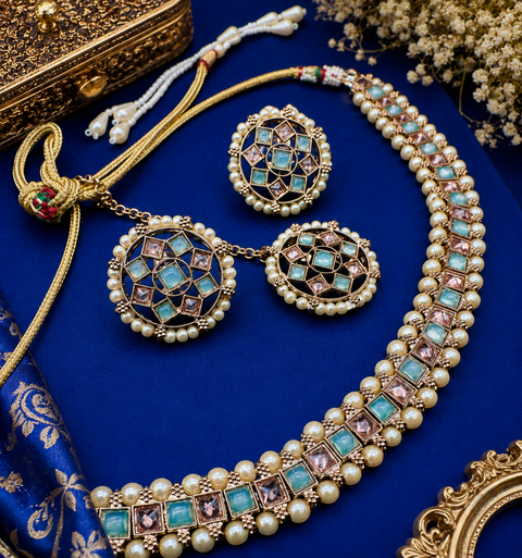 Polki And Pearls Work Beautiful Necklace Set With studs & Tikka