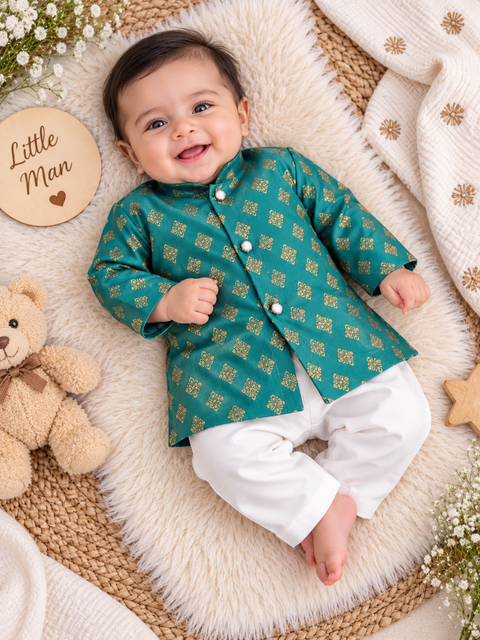 Adorable Brocade Silk Newborn Kurta Pajama Set with soft inner lining, easy front-open kurta and matching elasticated pajama for comfortable wear.Kurta L 35 cm,Chest 25 cm,Sleeve 24 cm,Pajama L 33 cm. Slight variation in colour & design may occur