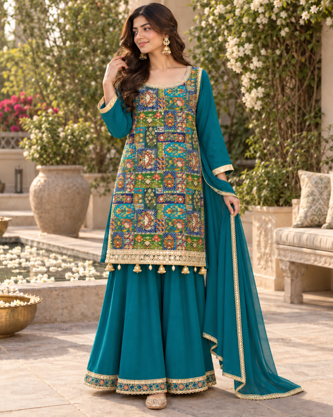 Silk-blend patchwork kameez with mirror & stone work, paired with a flowy circular palazzo and plain georgette dupatta with golden border. Slight variation in colour/design possible