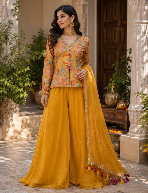 Georgette Based embroidery Work With Sequins Work short top and circular plazo with netting dupatta (slight variation in color and design is possible)