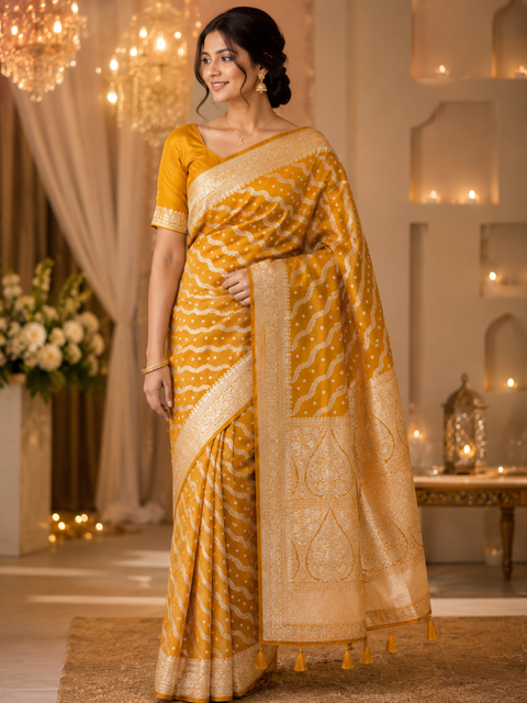 Premium Banarasi Silk Saree featuring elegant zari weaving throughout; saree comes with an attached blouse piece. Model blouse is for reference only. Slight variation in colour and design may occur