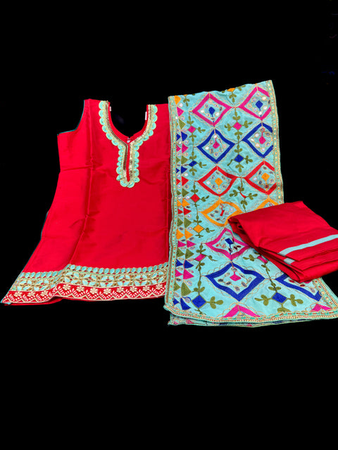 Red color silk based beautiful border Salwar Suit With Phulkari Dupatta