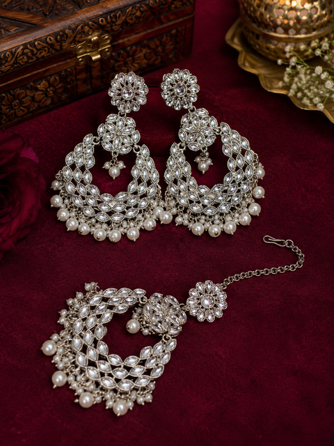 Elegant Silver-Tone Kundan Earrings with Matching Maang Tikka, Adorned with Delicate Pearl Drops