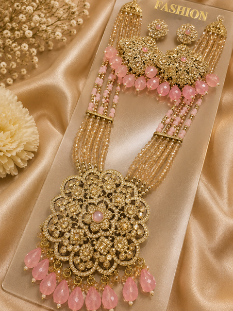 Crystal pearls with fine golden Jerkan stone With Pearls Beaded Necklace Set With Beautiful Earrings (slight variation on color & design is possible)