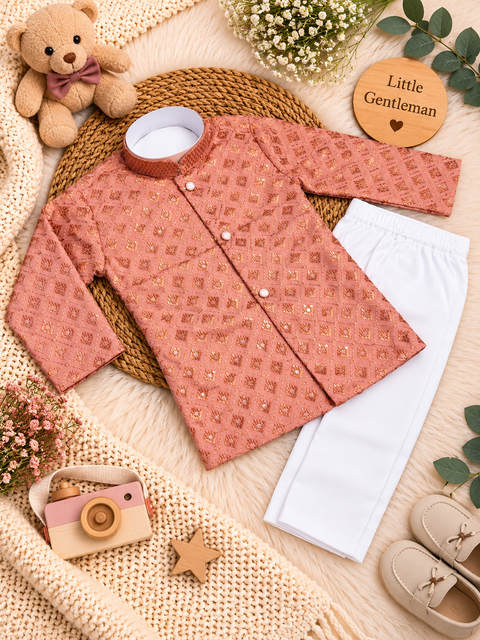 Soft Rayon chikankri sequin based Newborn Kurta Pajama Set with soft inner lining, easy front-open kurta & matching elasticated pajama for comfortable wear.Kurta L 35 cm,Chest 25 cm,Sleeve24 cm,Pajama L 33 cm.Slight variation in colour & design may occur