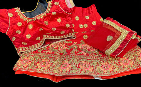 Red Colour Silk Based Heavy Embroidery Work With Stones Readymade Lehnga & Blouse & Contrast Dupatta Lehnga