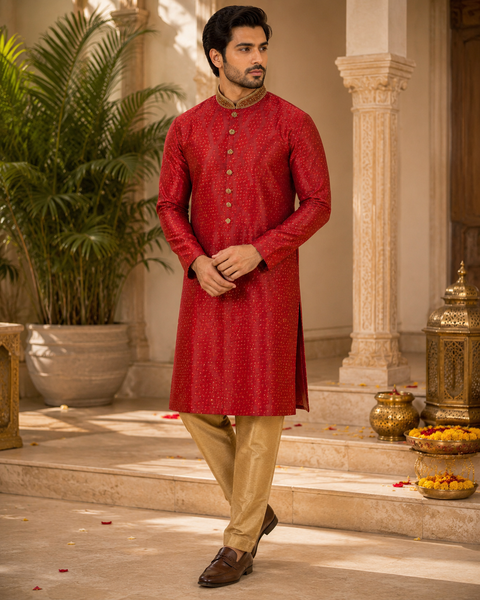 Soft Silk based Heavy brocade work with stone work buttons and neck design , designer Kurta with golden Pajama (slight variation in color and design is possible)