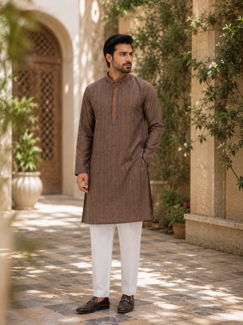 Brown colour cotton based kurta pajama (slight variation in color and design is possible)