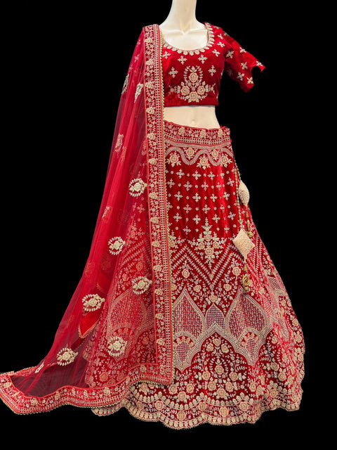 (SIZE 42 (Upto 46)) Red colour velvet Based Beautiful hand Embroidery Work With silver Fine Stones work Very Heavy 3 Layered Ken Ken Super Heavy Designer Bridal Lehnga With Heavy Tessels Attached To Blouse & Lehnga With Heavy Work Contrast Dupatta