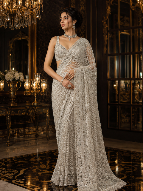 Bollywood Style Heavy Work Designer Saree With Netting Base Fabric And Stones With Mirror Work Design All Over With Embroidery Work (Blouse Piece Worn By Model Is For Reference Only, Blouse Piece Attached To Saree) Slight Variation In Color And Design)