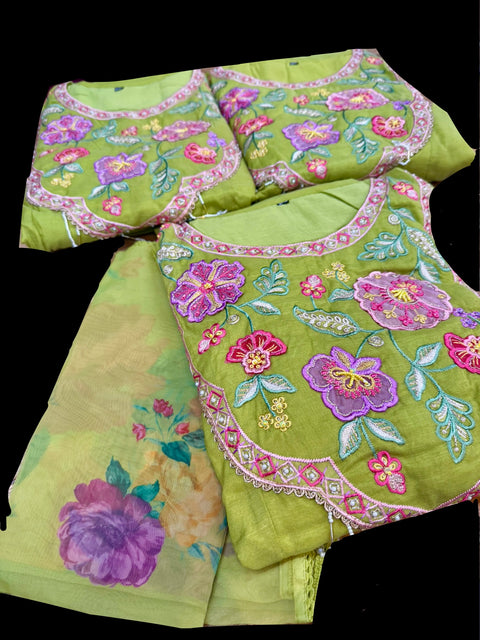 (Video Clip attached)Plus size Pure and soft Chanderi Silk based beautiful embroidery work flared kameez & Plazo pants with beautiful floral print organza Dupatta
