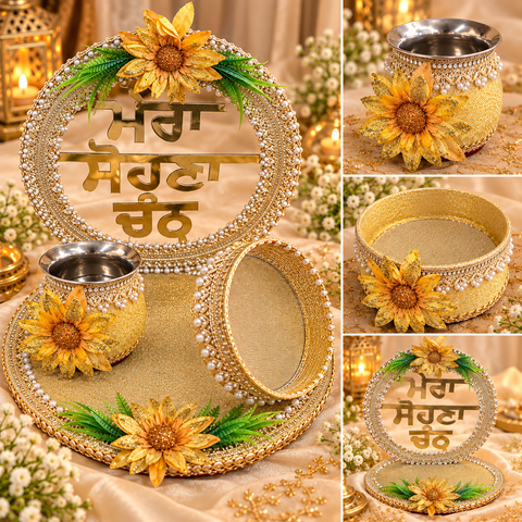 Beautiful Karwa Chauth Thali Set in a classy gold theme with floral detailing, pearl work and a decorative Punjabi stand, along with matching thali, channi and kalash. Slight variation in colour and design is possible.