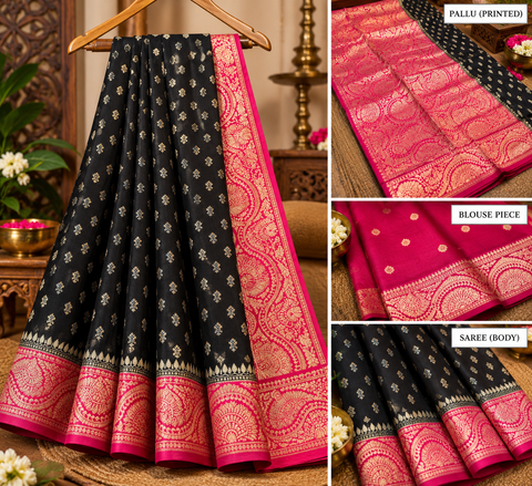 Soft & glossy crepe silk saree with a smooth, lightweight feel and beautifully flowy drape. Featuring rich woven zari floral motifs and an elegant detailed border .Blouse piece included. Slight variation in colour and design is possible.