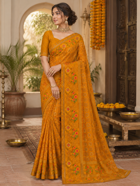 Beautiful Bandhani print work with Stones and embroidery design beautiful soft Georgette Saree Blouse Worn By The Model Is For Reference Purposes Only. The Blouse Piece Is Attached Separately With The Saree. Slight Variation In Color And Design May occur