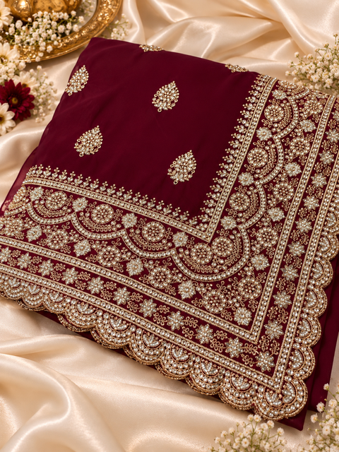Georgette Saree featuring intricate embroidery, elegant stonework and a rich scalloped border with all-over motif detailing. Attached blouse piece included; model blouse is for reference only. Slight variation in colour and design is possible.