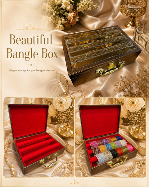 Beautiful mirror-work bangle box with a rich red interior and 3 spacious rows. Bangles are not included and are shown for display only. Fill it with your own bangles or shop our beautiful bangle collection online.
Approx. Size: 34 × 25 × 9.5 cm.