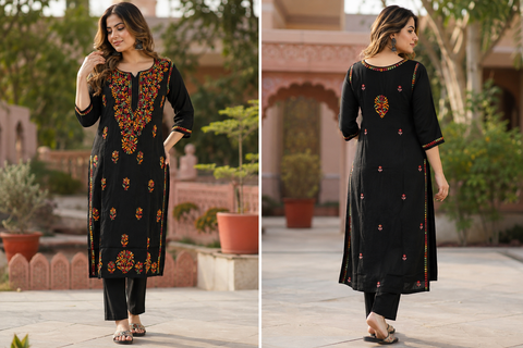 Very soft rayon-based kurti with elegant Lucknowi embroidery at front and back , giving it a graceful and timeless look. Pants are not included – this is kurti only. Slight variation in color and design is possible.