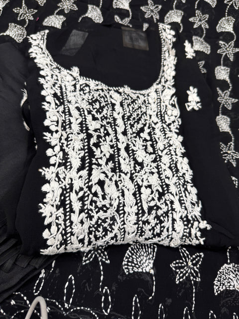 Pure chiffon based lakhnavi work with sequined designs kameez and dupatta with pure rayon bases bottom fabric