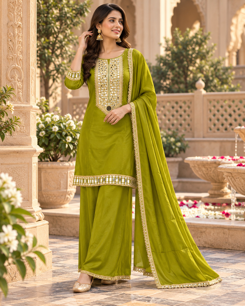 Olive Green Beautiful shimmer Fendy silk suit featuring elegant mirror work detailing on the neckline, sleeves and borders. Paired with matching palazzo pants and a beautifully bordered dupatta. 
 Slight variations in colour and design are possible
