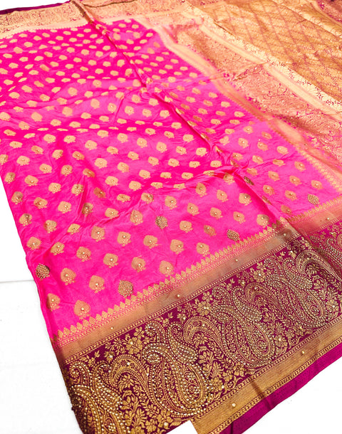 Art Silk Saree With Beautiful Stone Work With Contrast Pallu And Blouse