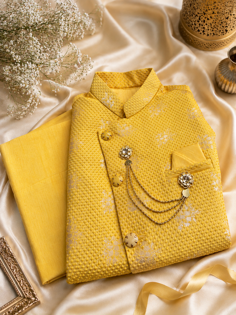 Yellow colour silk based kurta with pants  & brocade jacket (slight variation in color and design is possible)