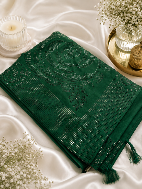 Beautiful swarovski Stones work Roses design beautiful Georgette Silk Saree. The Blouse Worn By The Model Is For Reference Purposes Only. The Blouse Piece Is Attached Separately With The Saree. Slight Variation In Color And Design May Occur.
