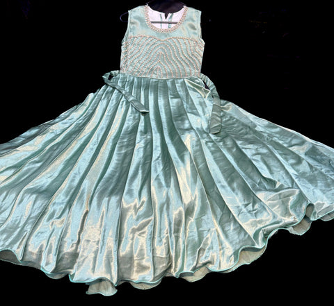 Mint colour silk based stone work beautiful gown