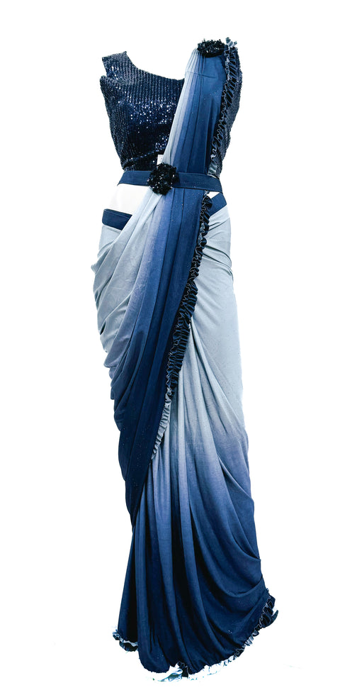 Size 38 (Upto 40) sequined work designer readymade blouse with Readymade Saree with handwork designer waist belt