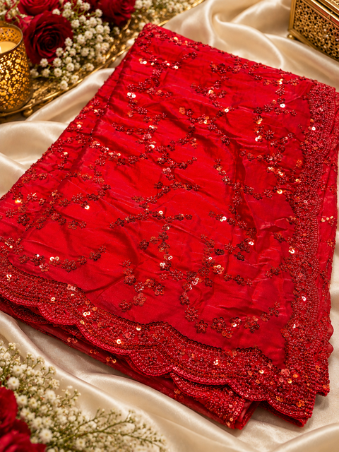 Elegant Red Partywear Saree featuring all-over sequin and beadwork with a beautifully detailed heavy scalloped border for a rich festive look. Comes with an attached blouse piece. Slight variation in colour and design is possible.