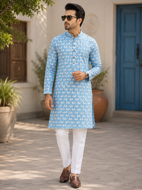 Pure cotton based Men’s Printed kurti (sizes mentioned in inches ,not according to the label on Kurti)size 44kurti- Length 40 inches and size 46-length 42 inches ) Kurti only. Pants not included.