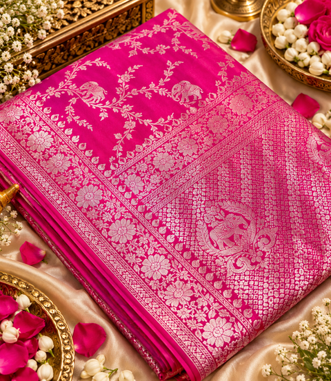 Luxuriously soft silk saree with a smooth, lightweight feel and beautifully flowy drape. Featuring rich woven zari floral motifs and an elegant detailed border .Blouse piece included. Slight variation in colour and design is possible.