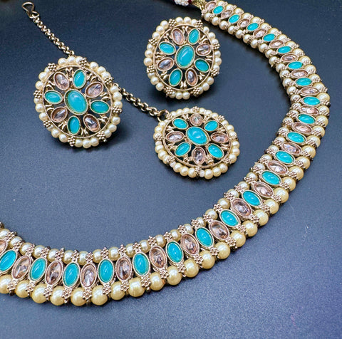 Polki And Pearls Work Beautiful Necklace Set With studs & Tikka