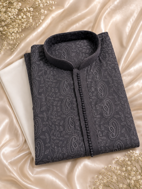 Dark grey colour georgette based chikankari work designner kurta with white pajama  pants (slight variation in color and design is possible )