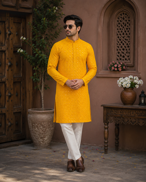 Pure Rayon Based Beautiful Embroidery Work At Front And Back With Sequins Work Designer Kurta & cream Pajama (slight variation in color & design is possible)