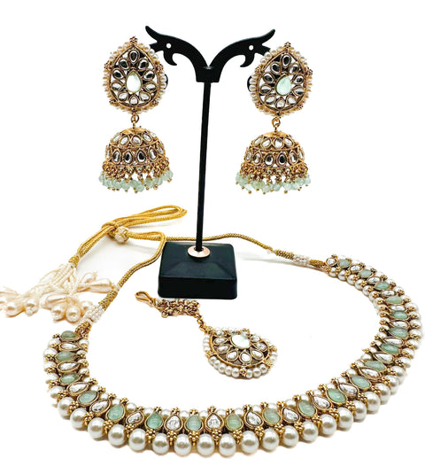 Kundan and Pearls work beautiful necklace set with Jhumka & Tikka