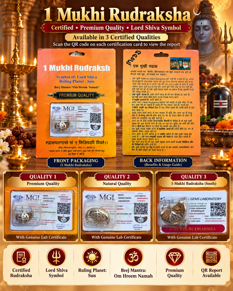 Sacred 1 Mukhi Rudraksha, traditionally associated with Lord Shiva and the Sun. Available in 3 certified qualities, each with its own lab certificate and QR code report verification. Ideal for pooja, meditation and spiritual use.