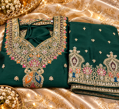 Beautiful georgette fabric outfit with full embroidery and mirror work all over the kameez. Paired with a loose circular palazzo and a matching dupatta with just a border. 
Slight variation in colour and design is possible