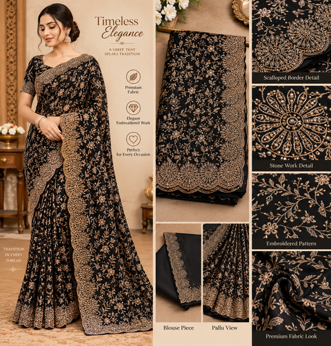 Black pure georgette saree with Kashmiri-inspired soft thread floral embroidery and delicate stone work all over. Finished with a beautifully detailed scalloped border for a rich, elegant look.