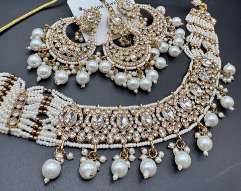 Polki stone with pearls beaded work beautiful choker style necklace with jhumka and tikka set