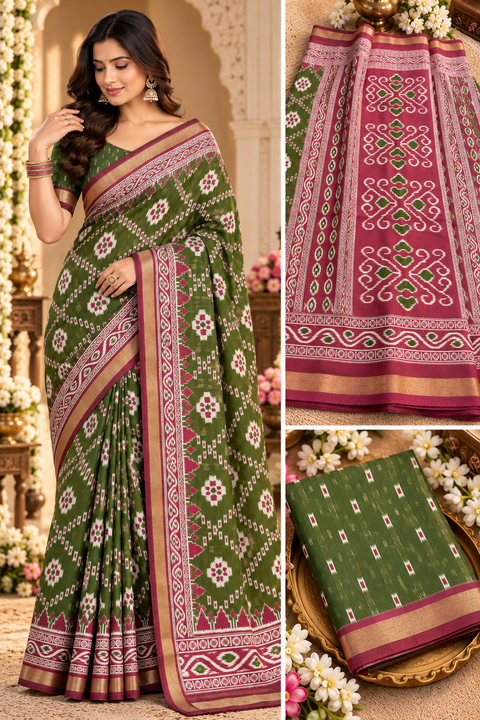 Soft silk blend saree with a flowy drape and elegant ikat-inspired weave. Contrast teal zari border adds a graceful look.Blouse piece attached. Slight variation in color/design may be possible.